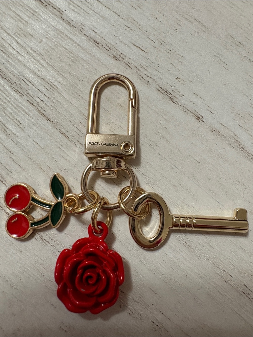 Dolce & Gabbana Gold-tone Keyring with Red Rose and Cherry Charms